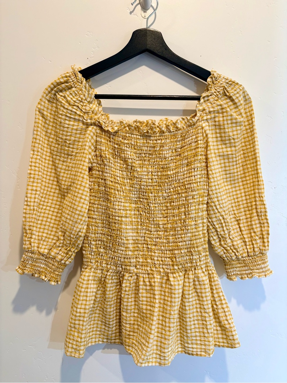 Max Studio SYellow Gingham Smocked Peasant Top